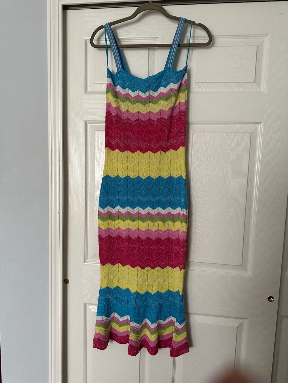 Milly Sleeveless Chevron Knit Midi Dress in Blue, Pink, Yellow, Green
